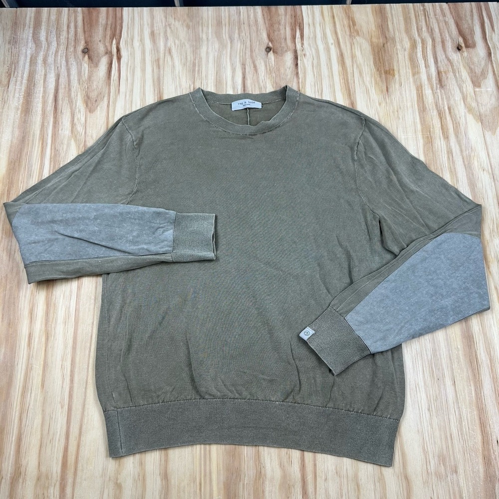 Rag & Bone Pullover Sweater Men's Large Beige Elbow Patches Cotton FLAW